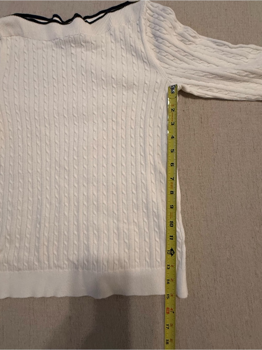 Lauren Ralph Lauren White Classic Cable-Knit Sweater with Black Trim Preppy Luxe - Picture 7 of 9